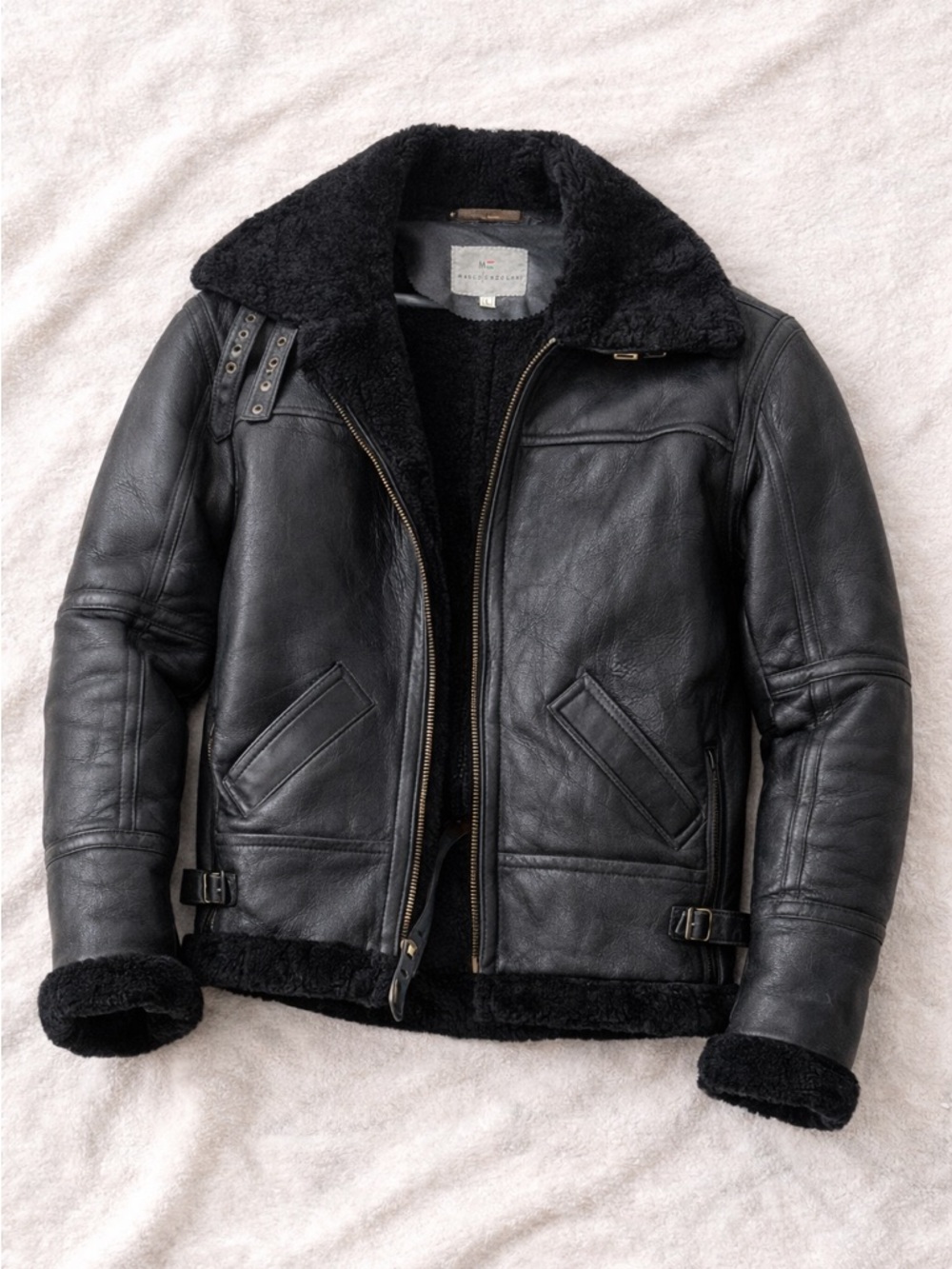 Marco Enzolani Trentino B3 Black Real Shearling Bomber Jacket Sheepskin Leather - Picture 2 of 3